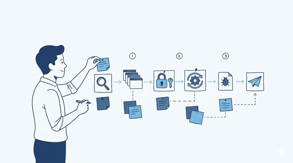 A figure pinning notes on a wall, laying out a bug bounty methodology step by step, minimalist blue illustration.